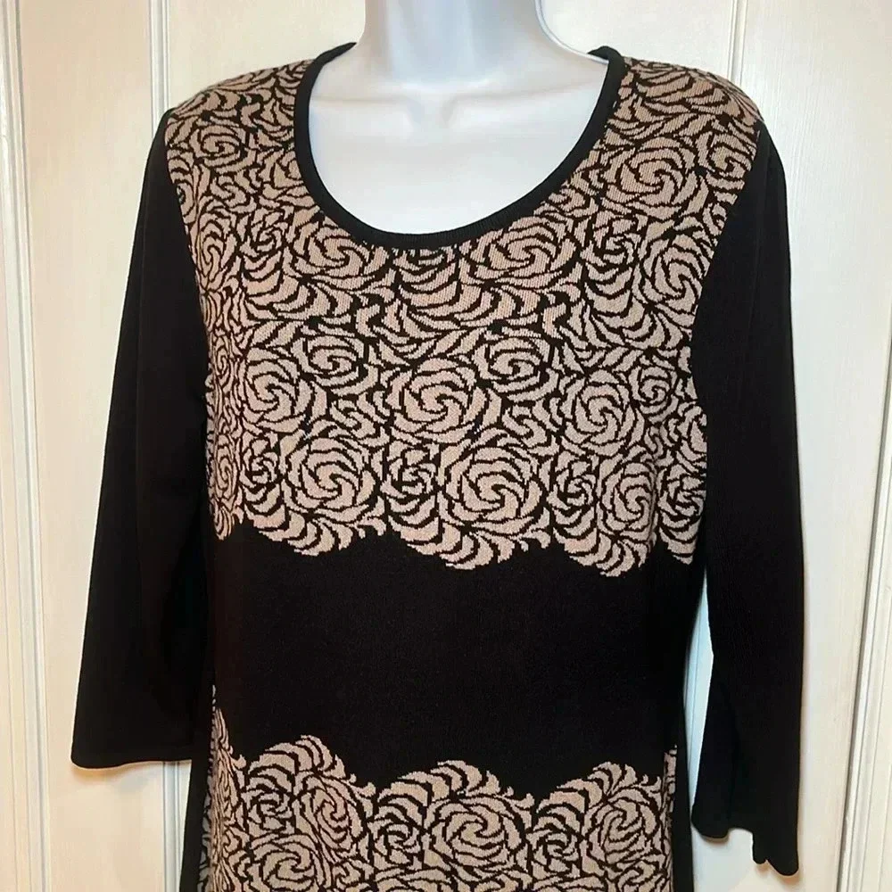 Sweater Dress Midi Women’s Large  Stretchy Knit Floral Print Black‎ Tan